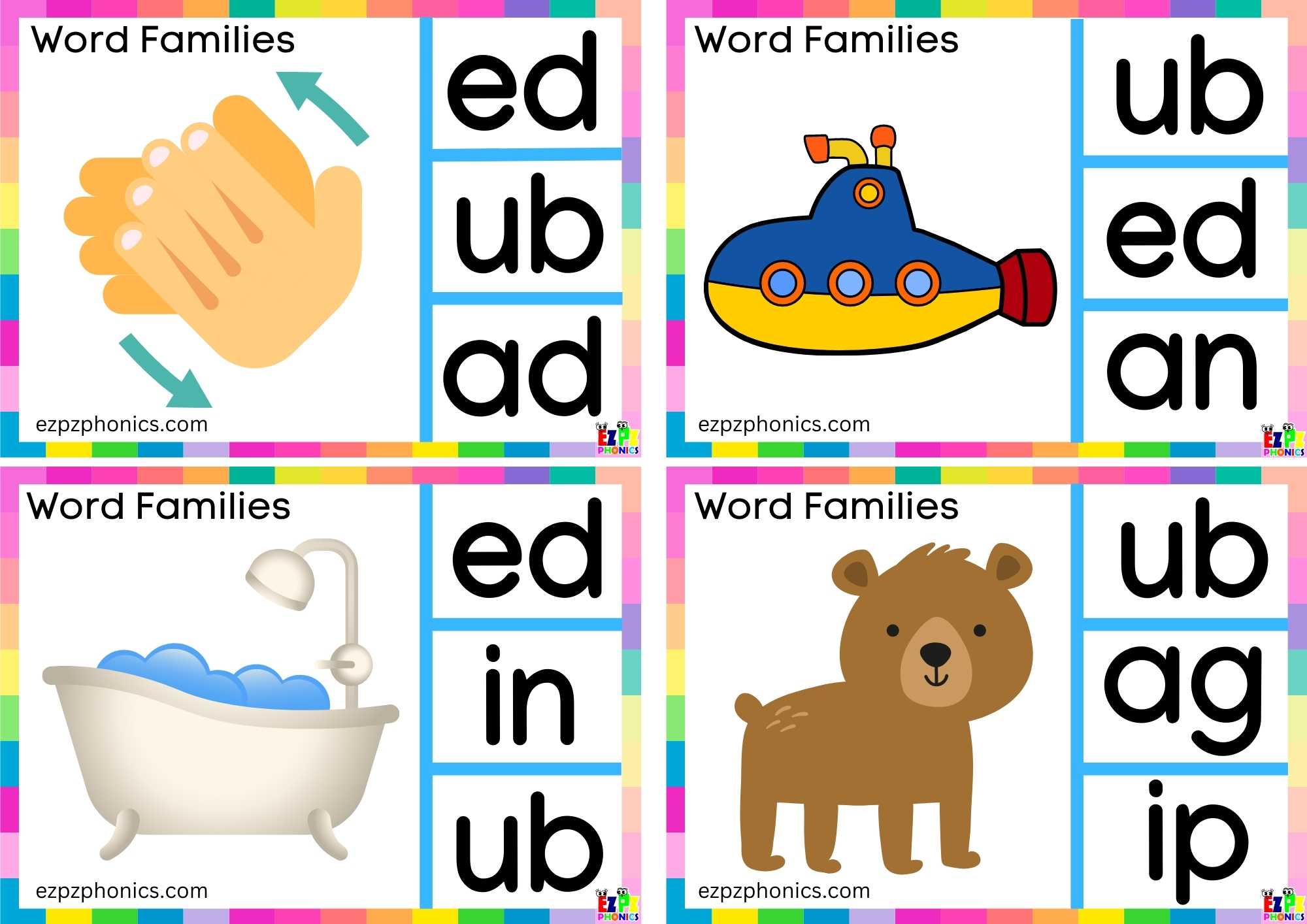 Look at the image and clip the correct letters Clip cards for word family ub